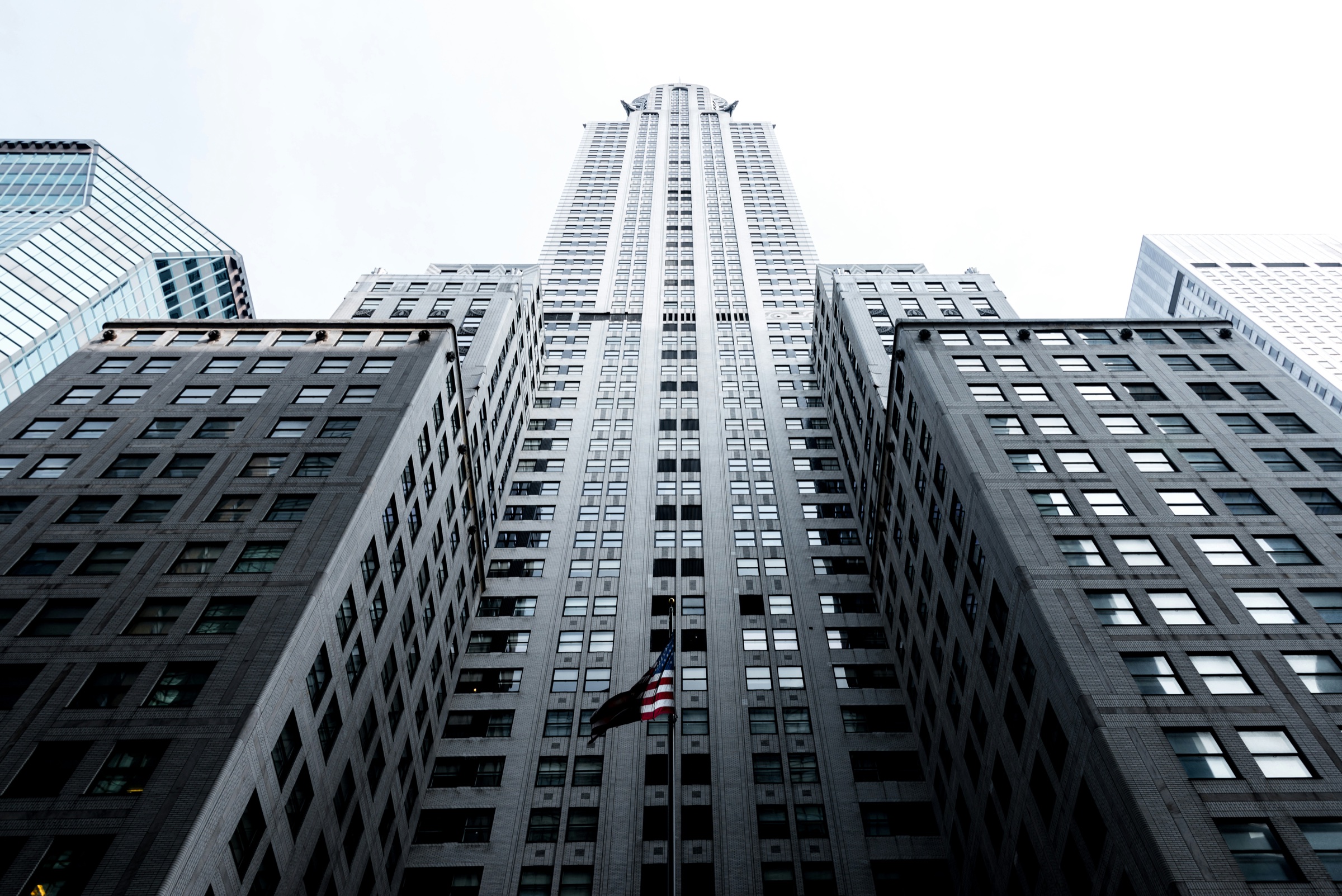 Imposing city architecture seen from street level